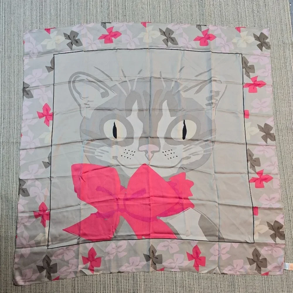 Vintage Very Vollbracht Silk Extra Large Square Scarf Wrap Cat With Bow 41 x 42